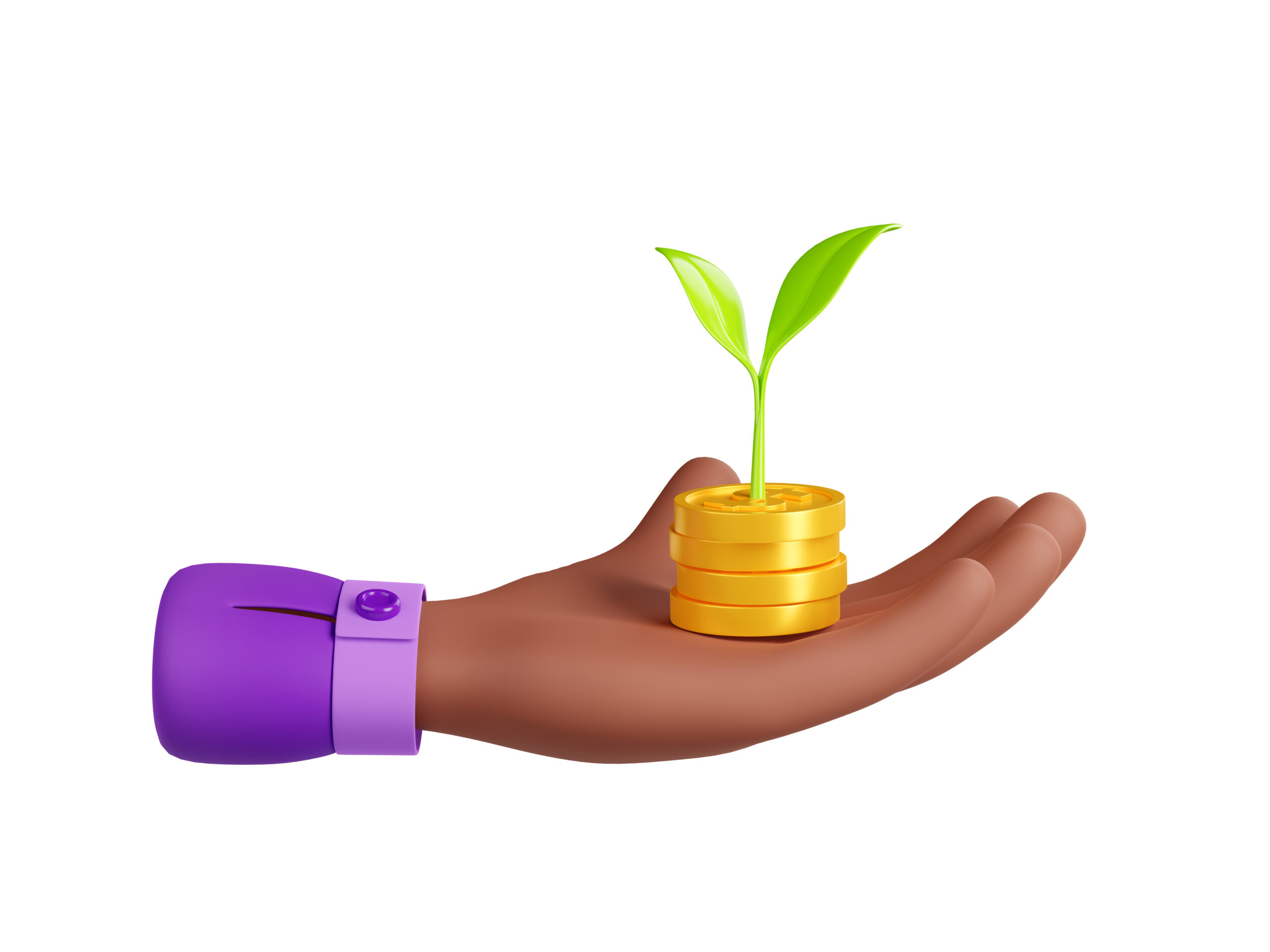 3d render black hand with golden coin stack and growing sprout. Money investment, savings concept with person palm holding green plant. Business growth, finance Illustration in cartoon plastic style